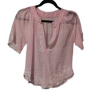 Women's Blouse Sheer Thin Pink with White Floral Embroidery Size Small